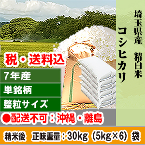コシヒカリ 30kg 埼玉県 7年産 単銘柄 整粒米 精白米【代引不可】 発送は発送予定表を要確認 (配送不可：沖縄・離島)