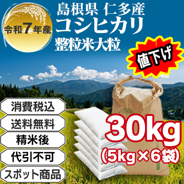 コシヒカリ 30kg(5kg中袋×6入紙袋) 単銘柄 整粒米大粒 1等米 精白米 島根県仁多R7年産 【賞味期限(精米後)整粒米：40日】発送は発送予定表を要確認(配送不可：沖縄・離島)