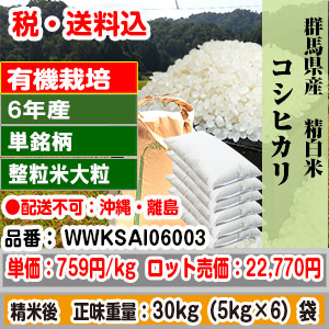 コシヒカリ 30kg 大粒整粒米(1.90mm～)柄 精米した白米 群馬県沼田 R6年産 有機栽培 1等米 発送は発送予定表を要確認 (配送不可：沖縄・離島) 代引不可