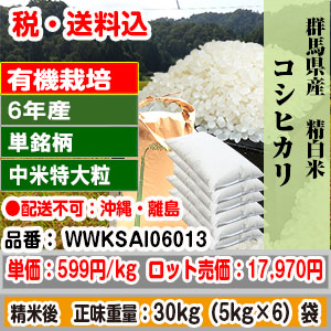 コシヒカリ 30kg 大粒中米(1.75mm～2.00mm)柄 精米した白米 群馬県沼田 R6年産 特別栽培 1等米 発送は発送予定表を要確認 (配送不可：沖縄・離島) 代引不可