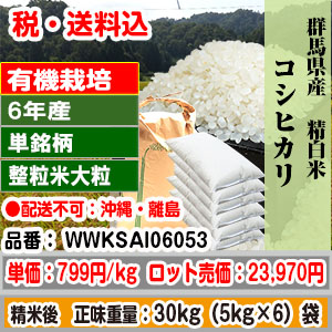 コシヒカリ 30kg 群馬県沼田 R6年産 特別栽培 1等米 大粒整粒米(1.90mm～) 精白米 【代引不可】 発送は発送予定表を要確認 (配送不可：沖縄・離島)