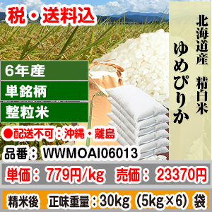 ゆめぴりか 30kg 整粒米柄 精米した白米 北海道 6年産 1等 発送は発送予定表を要確認 (配送不可：沖縄・離島) 代引不可