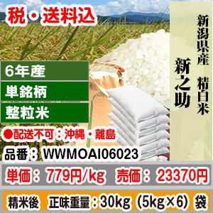 新之助 30kg 整粒米柄 精米した白米 新潟県 6年産 1等 発送は発送予定表を要確認 (配送不可：沖縄・離島) 代引不可