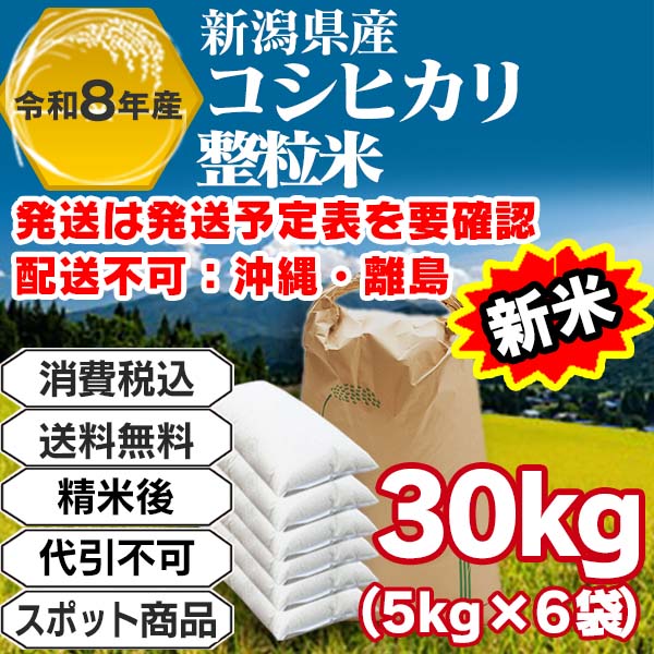 コシヒカリ 30kg(5kg×6袋) 整粒米 単一銘柄 1等米 新潟県R8年産-J01RUR