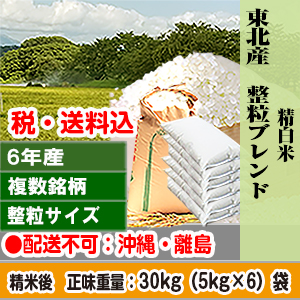 東北米ブレンド 30kg(5kg×6) 東北 R6年産 備蓄米未使用 複数銘柄 粒サイズブレンド 精白米【代引不可】 発送は発送予定表を要確認 (配送不可：沖縄・離島)