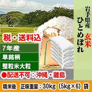 ひとめぼれ 玄米  30kg(30kg×1) 岩手県 R7年産 1等米 単銘柄 大粒整粒米【賞味期限(精米後)：40日】 発送は発送予定表を要確認(配送不可：沖縄・離島)