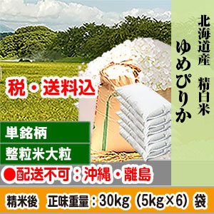 ゆめぴりか 30kg(5kg×6) 北海道 R7年産 1等米 単銘柄 大粒整粒米 精白米【賞味期限(精米後)：40日】 発送は発送予定表を要確認(配送不可：沖縄・離島)