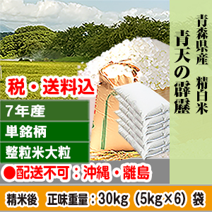 青天の霹靂 30kg(5kg×6) 青森県 R7年産 1等米 単銘柄 大粒整粒米 精白米【賞味期限(精米後)：40日】 発送は発送予定表を要確認(配送不可：沖縄・離島)