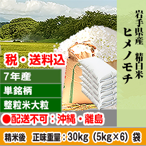 ヒメノモチ 「もち米」30kg(5kg×6) 岩手県 R7年産 1等米 単銘柄 大粒整粒米 精白米【賞味期限(精米後)：40日】 発送は発送予定表を要確認(配送不可：沖縄・離島)